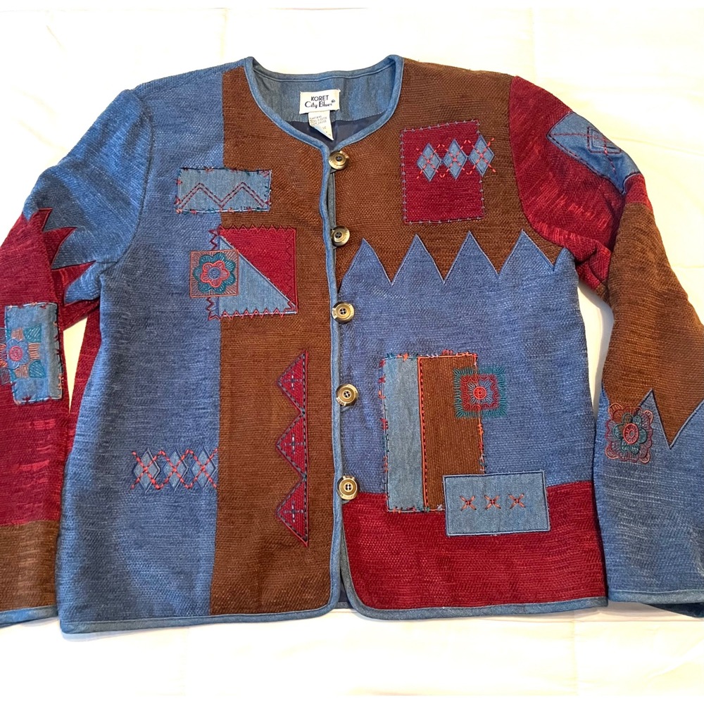 Vintage Koret City Blues Patchwork Floral Cardigan M Art to Wear 80s 90s Sweater